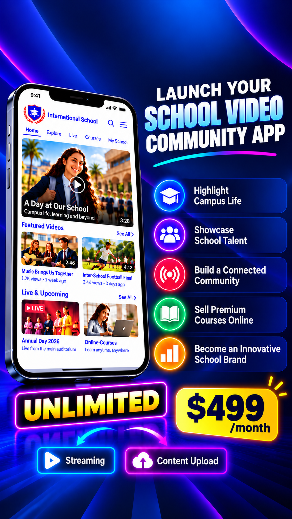 School video community app with featured videos, campus stories, live events and courses