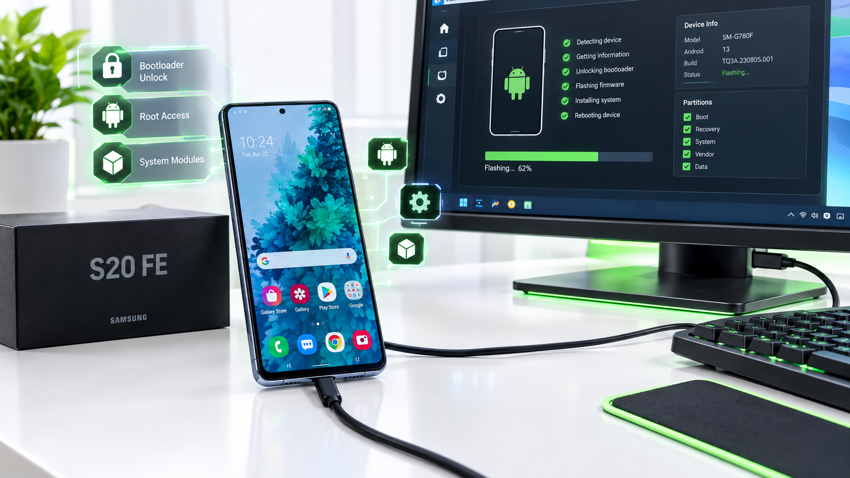 Samsung Galaxy S20 FE conectado al PC para modificar el sistema