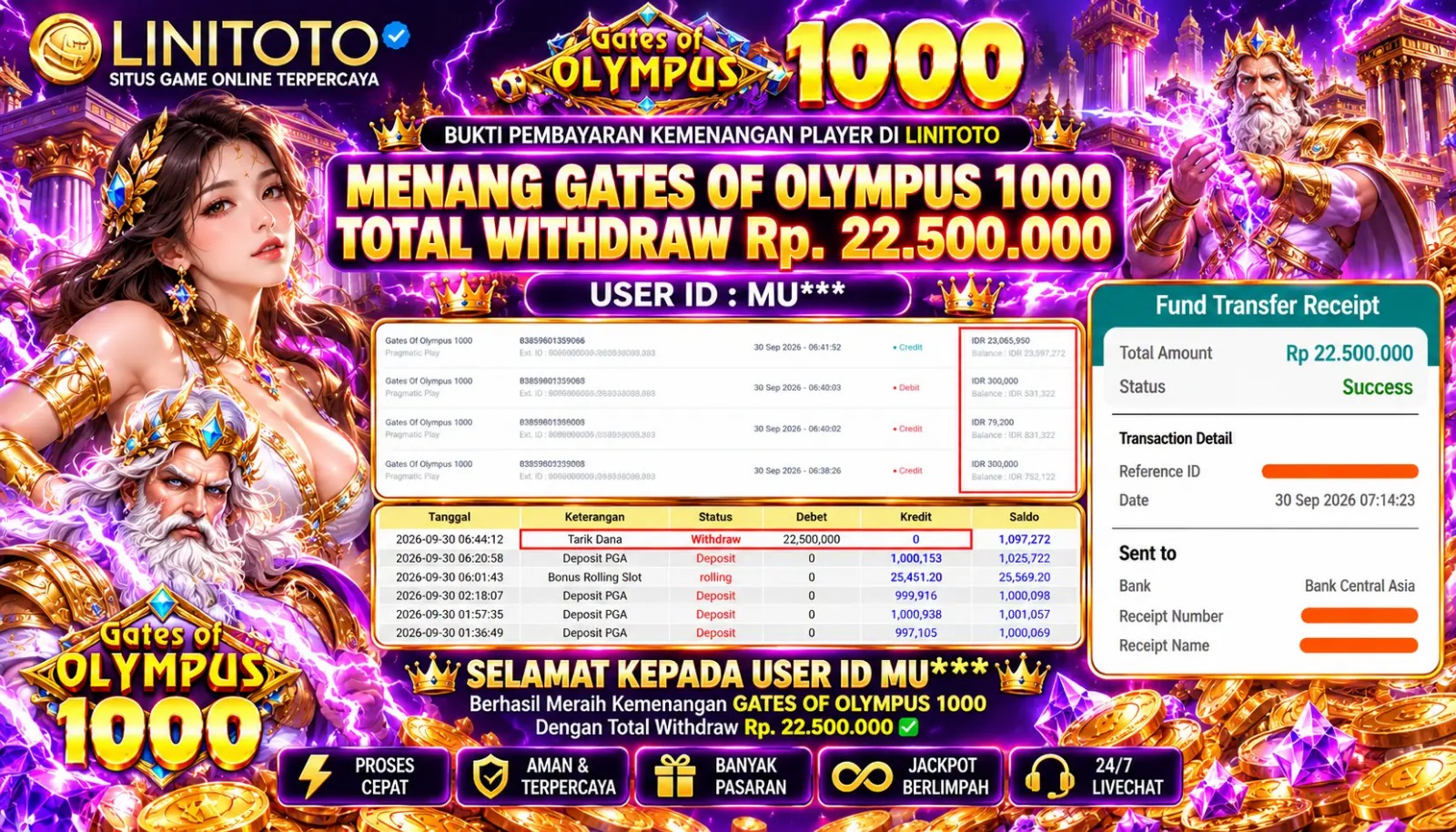 LINITOTO JACKPOT SLOT GATES OF OLYMPUS 1000  Rp.22,500,000- LUNAS