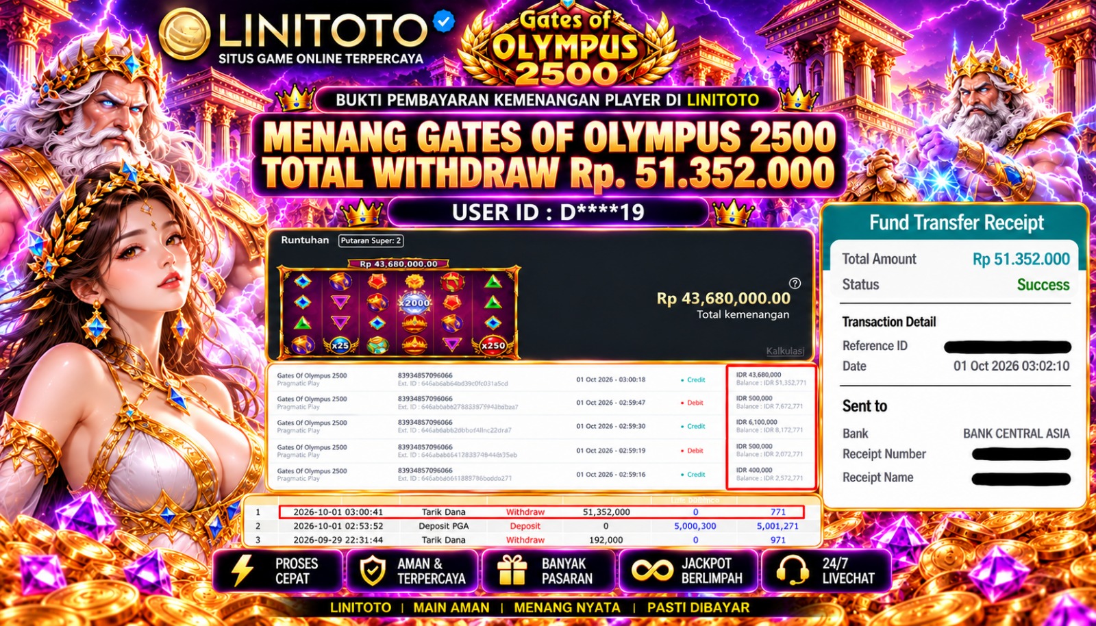 LINITOTO JACKPOT SLOT Gates Of Olympus 2500  Rp.51,352,000- LUNAS
