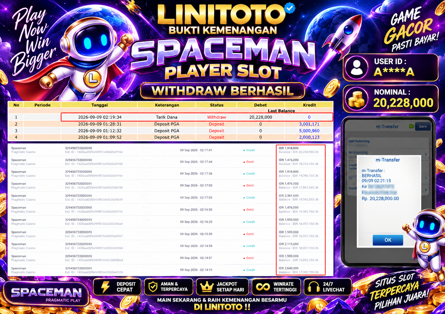 LINITOTO JACKPOT SLOT SPACEMAN  Rp.20,228,000- LUNAS