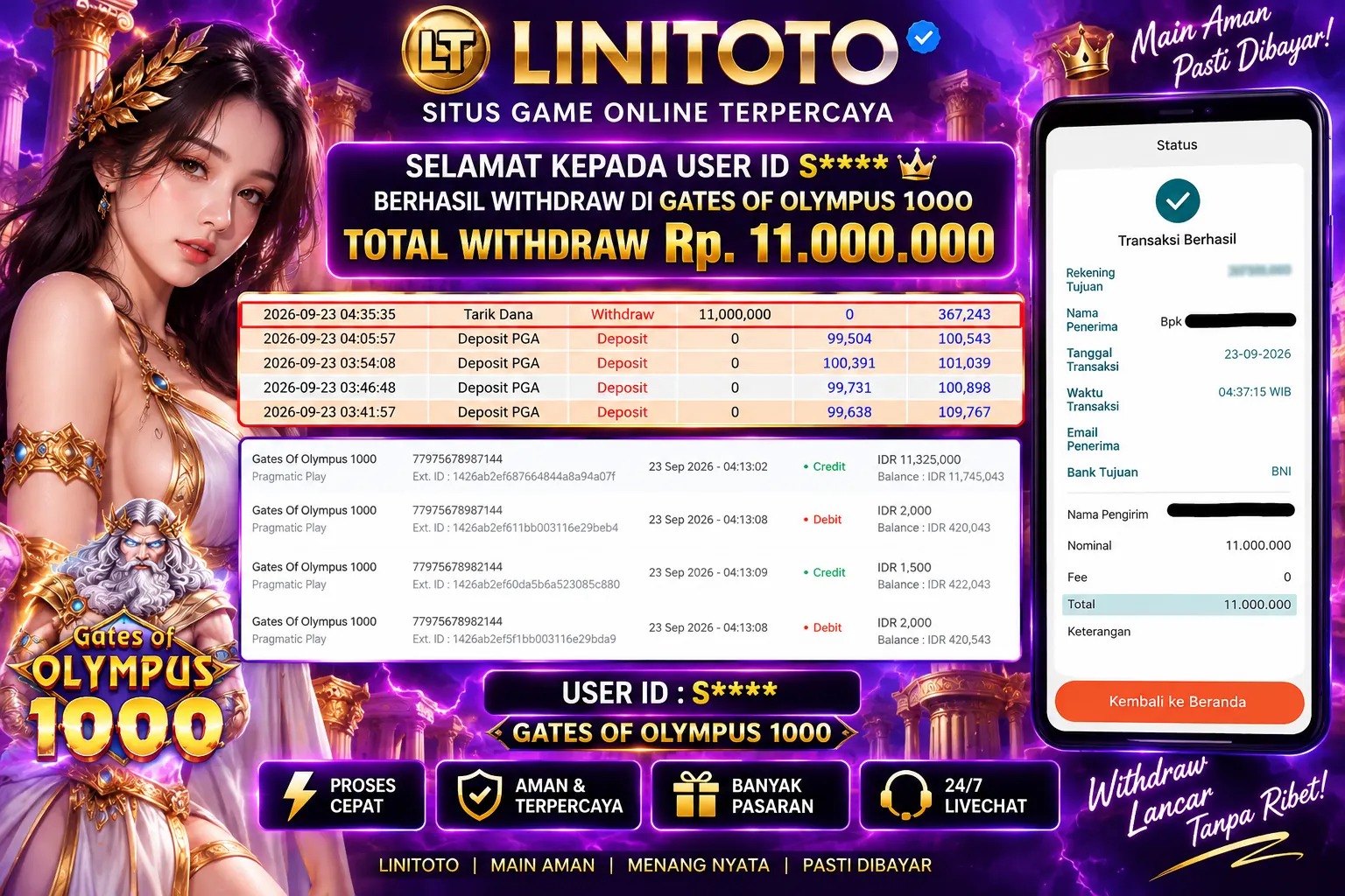 LINITOTO JACKPOT SLOT Gates Of Olympus 1000  Rp.11,000,000- LUNAS
