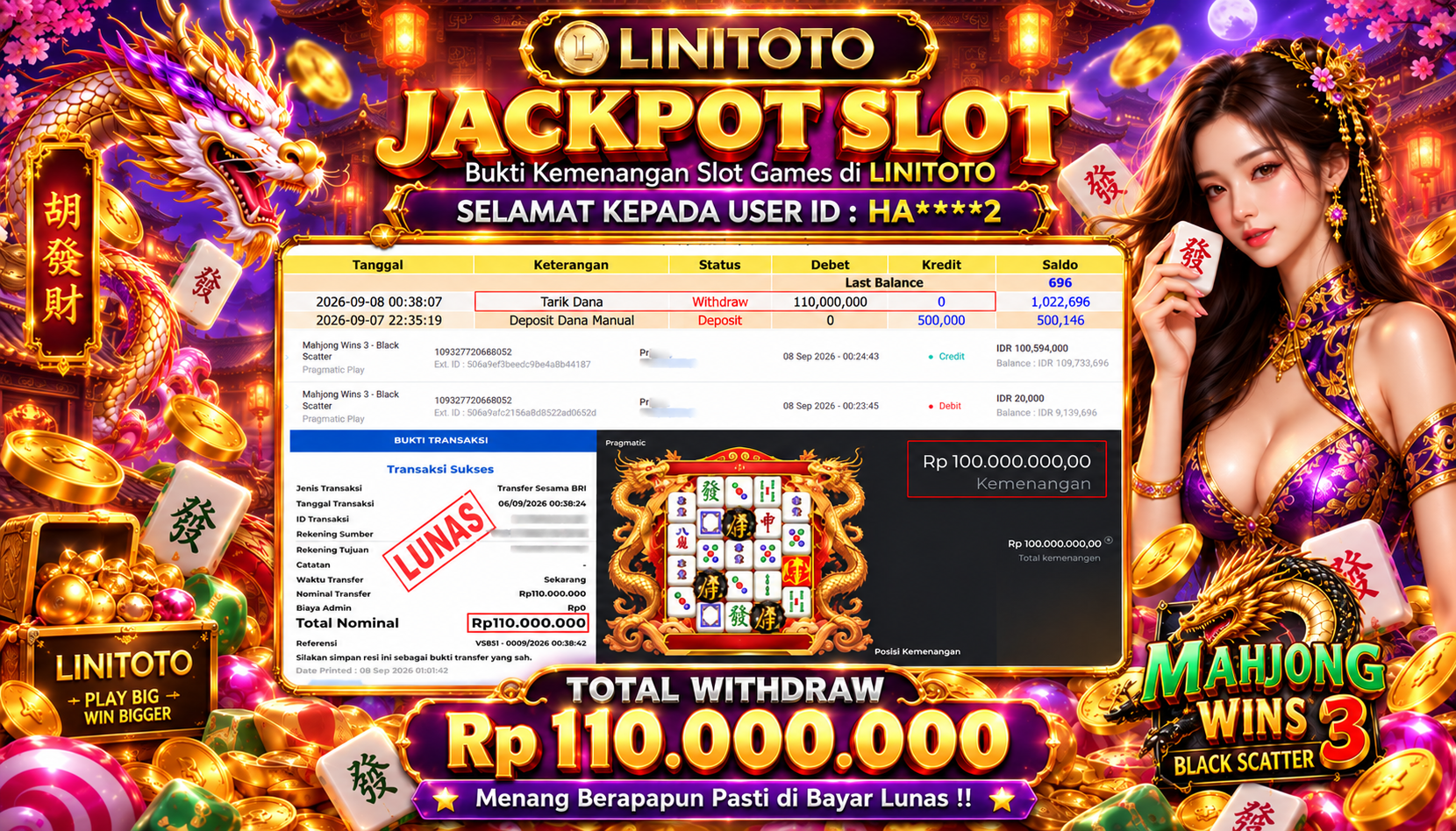 LINITOTO JACKPOT SLOT MAHJONG WINS 3 - BLACK SCATTER Rp.110,000,000- LUNAS