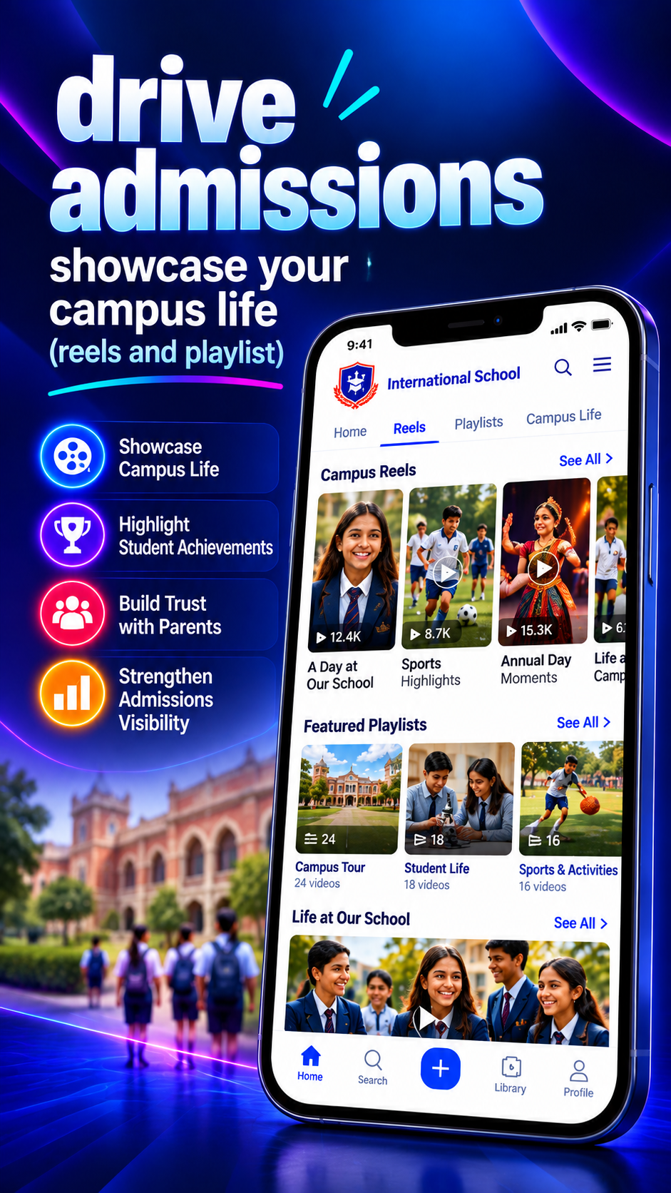 School campus reels and playlists showcasing student achievements and admissions