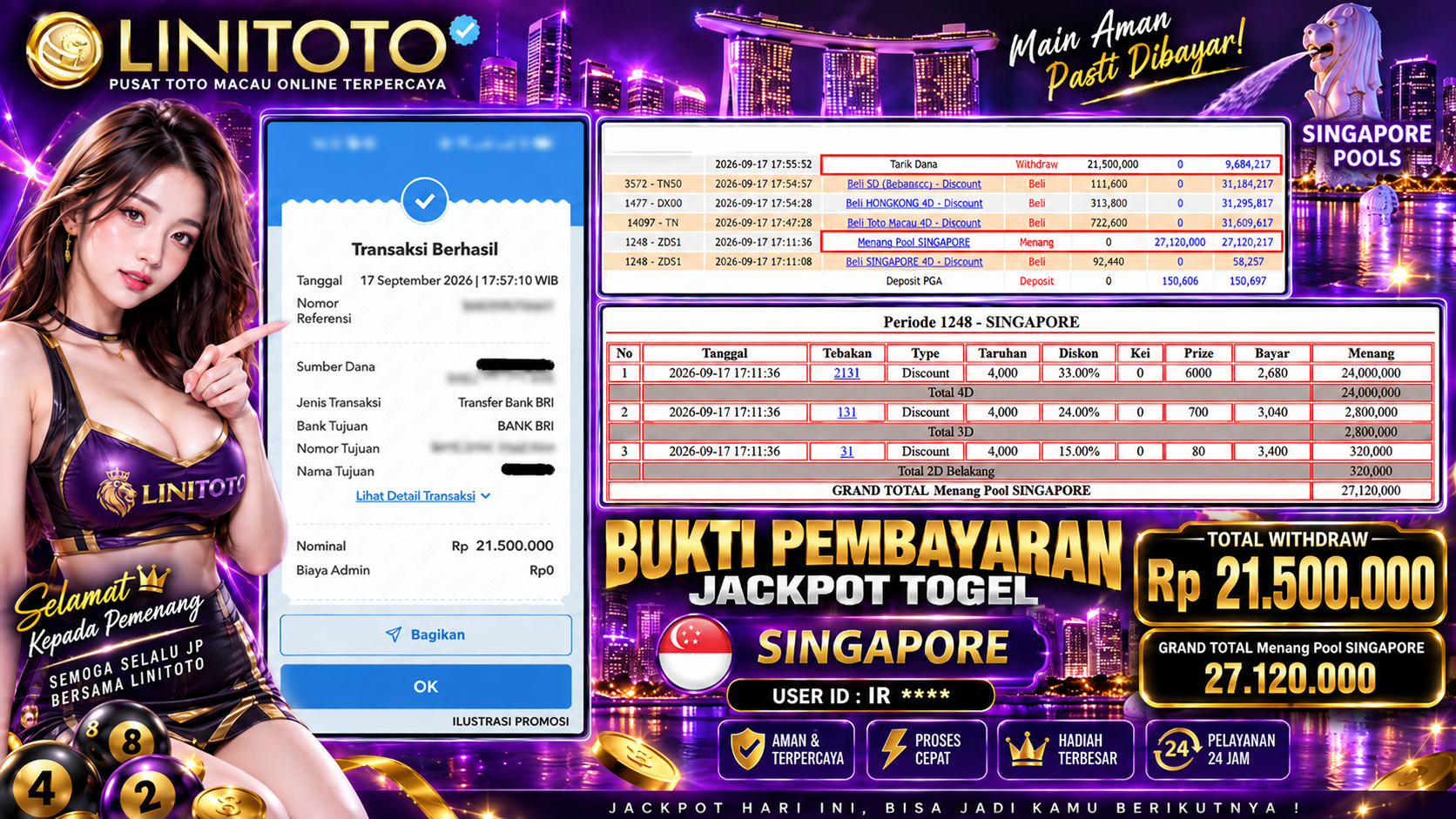 LINITOTO JACKPOT TOGEL SINGAPORE  Rp.21.500.000 - LUNAS