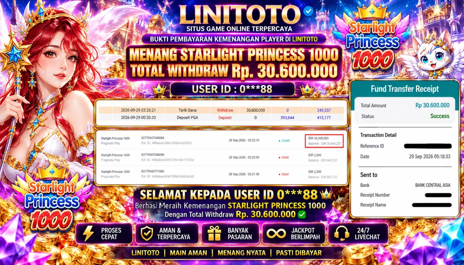 LINITOTO JACKPOT SLOT Starlight Princess 1000  Rp.30,600,000- LUNAS