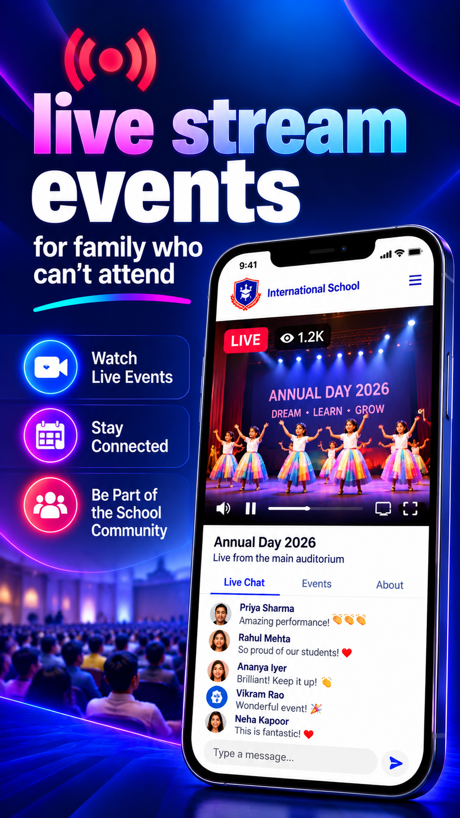 Live school event streaming for families who cannot attend in person