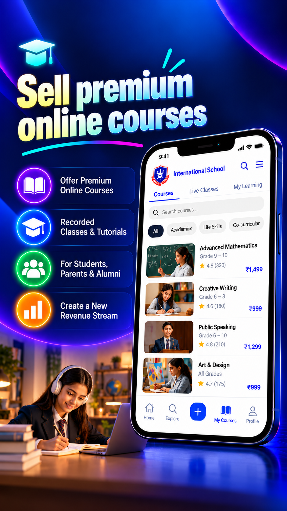 School online courses app with premium courses, recorded classes and tutorials