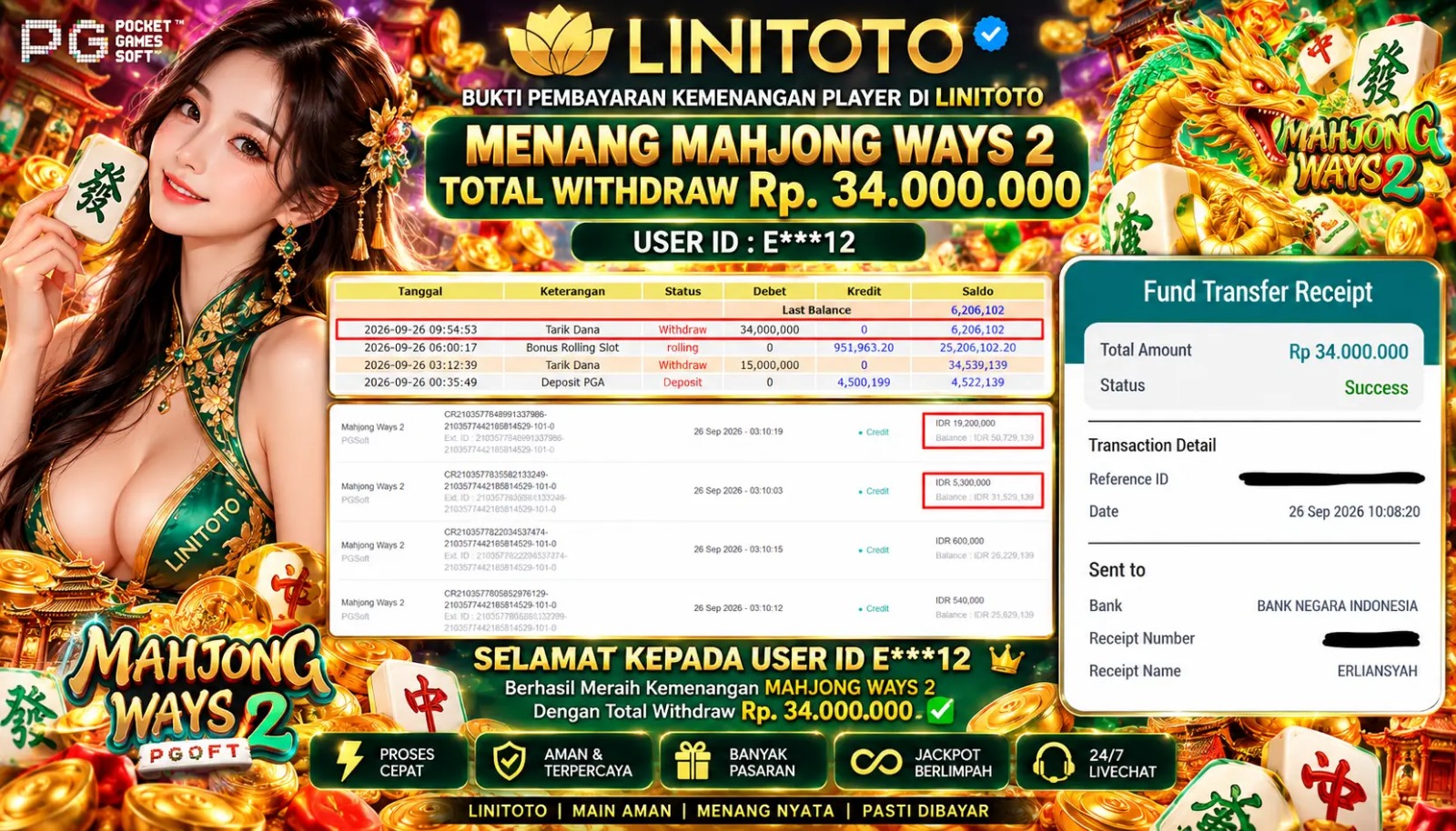 LINITOTO JACKPOT SLOT Mahjong Ways 2  Rp.34,000,000- LUNAS