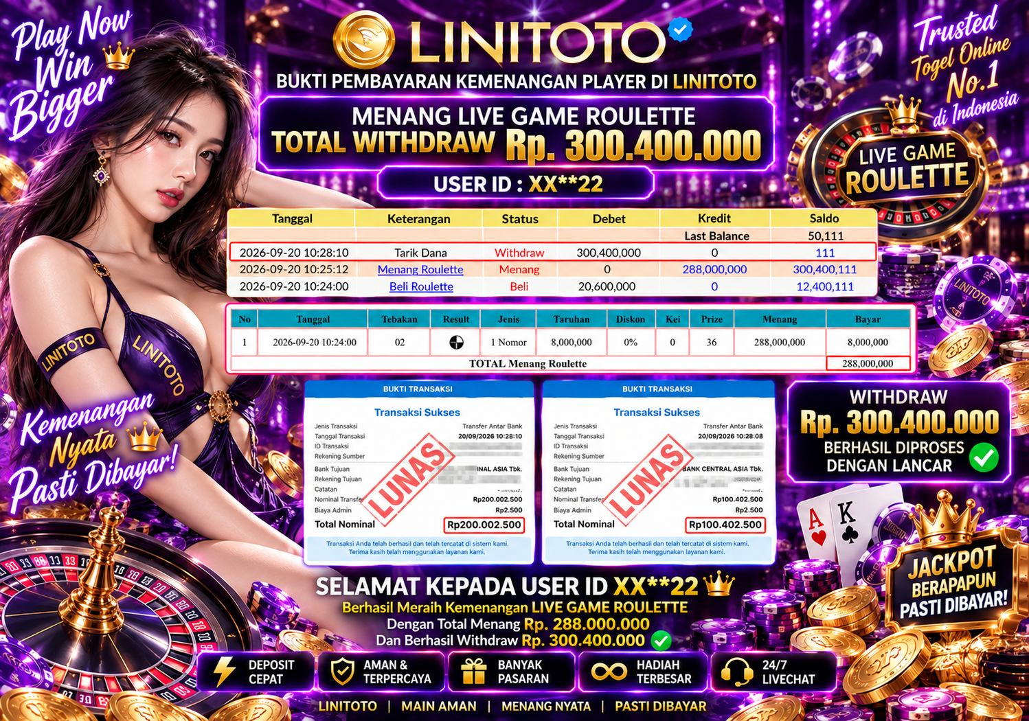 LINITOTO JACKPOT LIVE GAME ROULETTE  Rp.300.400.000- LUNAS