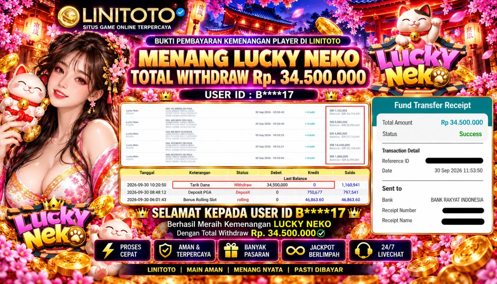 LINITOTO JACKPOT SLOT LUCKY NEKO  Rp.34,500,000- LUNAS